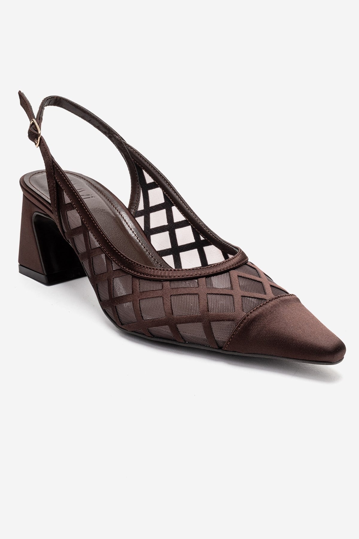 ALVERON - Cognac Satin Mesh Detail Block Heel Pump (Women)