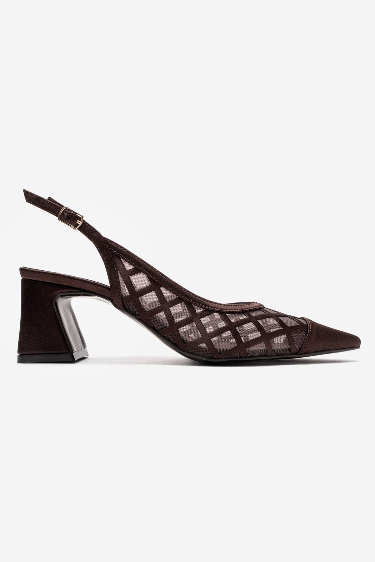 ALVERON - Cognac Satin Mesh Detail Block Heel Pump (Women)