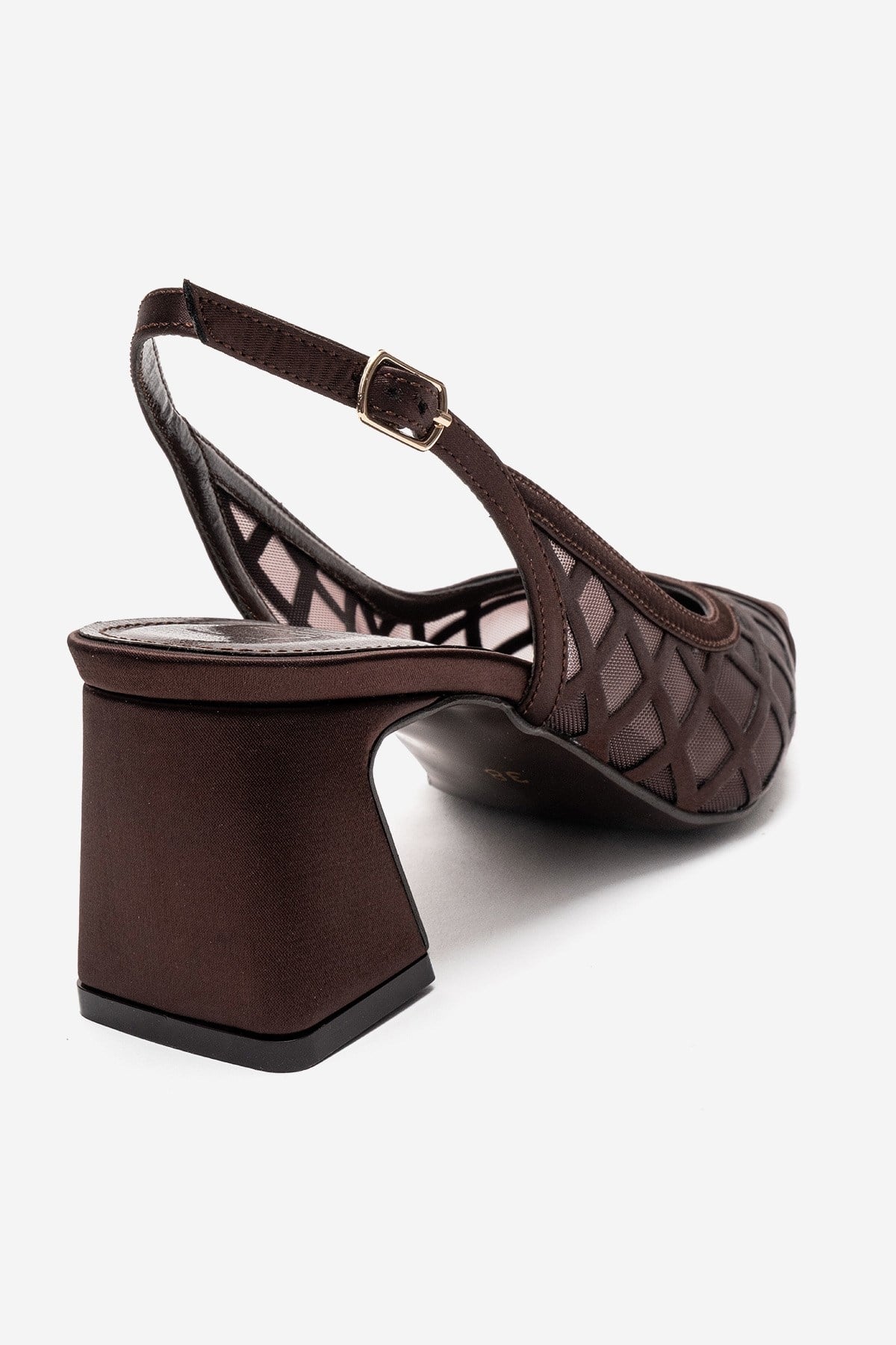 ALVERON - Cognac Satin Mesh Detail Block Heel Pump (Women)