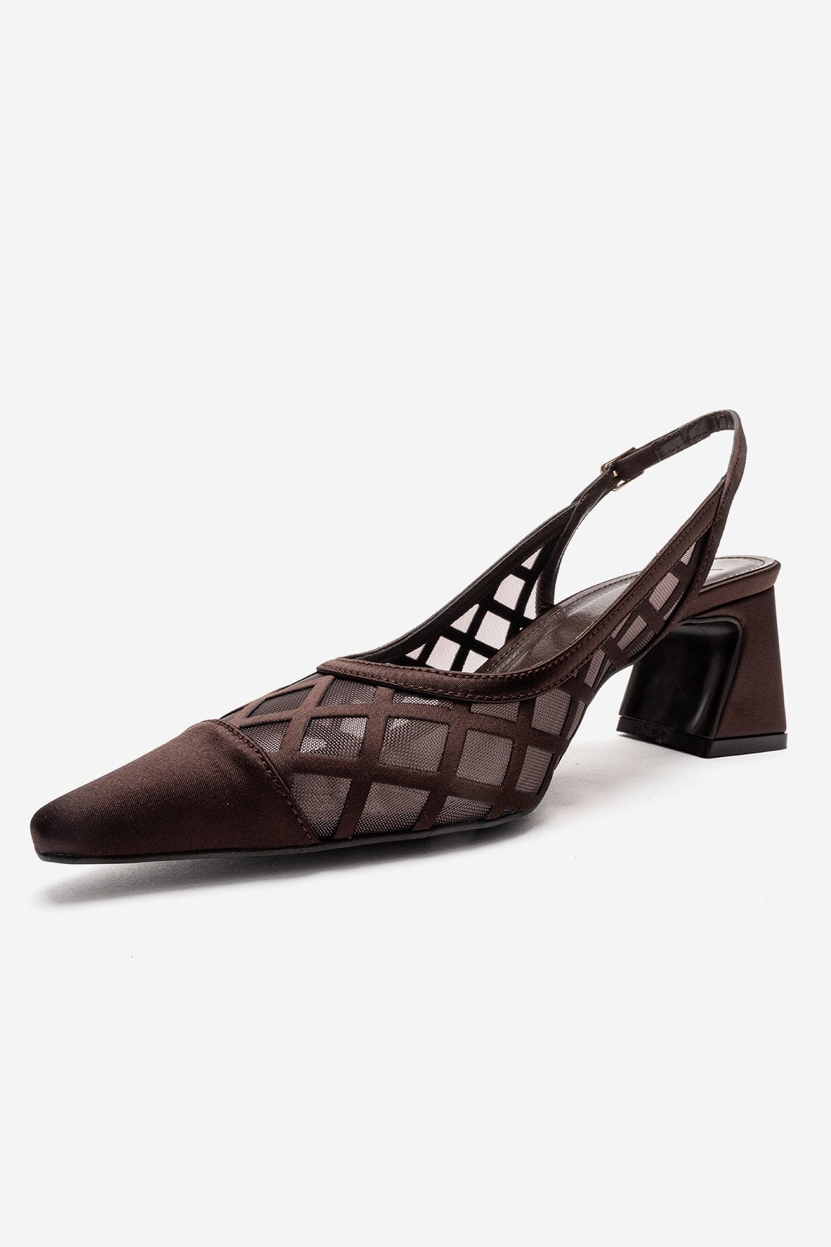 ALVERON - Cognac Satin Mesh Detail Block Heel Pump (Women)