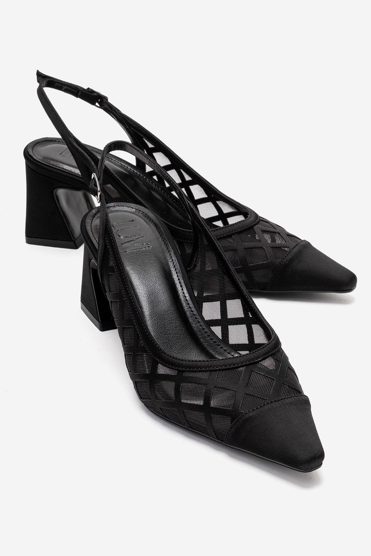 ALVERON - Black Satin Mesh Detail Block Heel Pump (Women)
