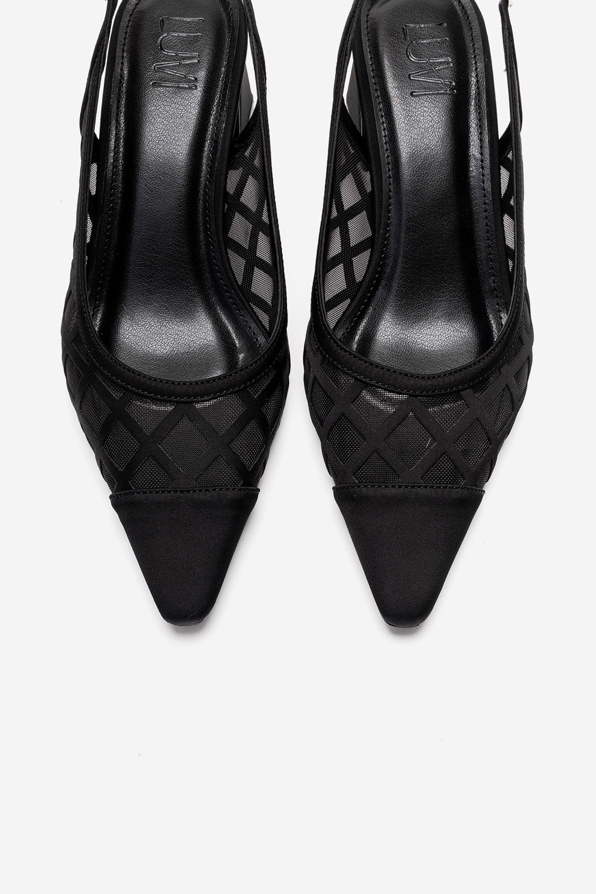 ALVERON - Black Satin Mesh Detail Block Heel Pump (Women)