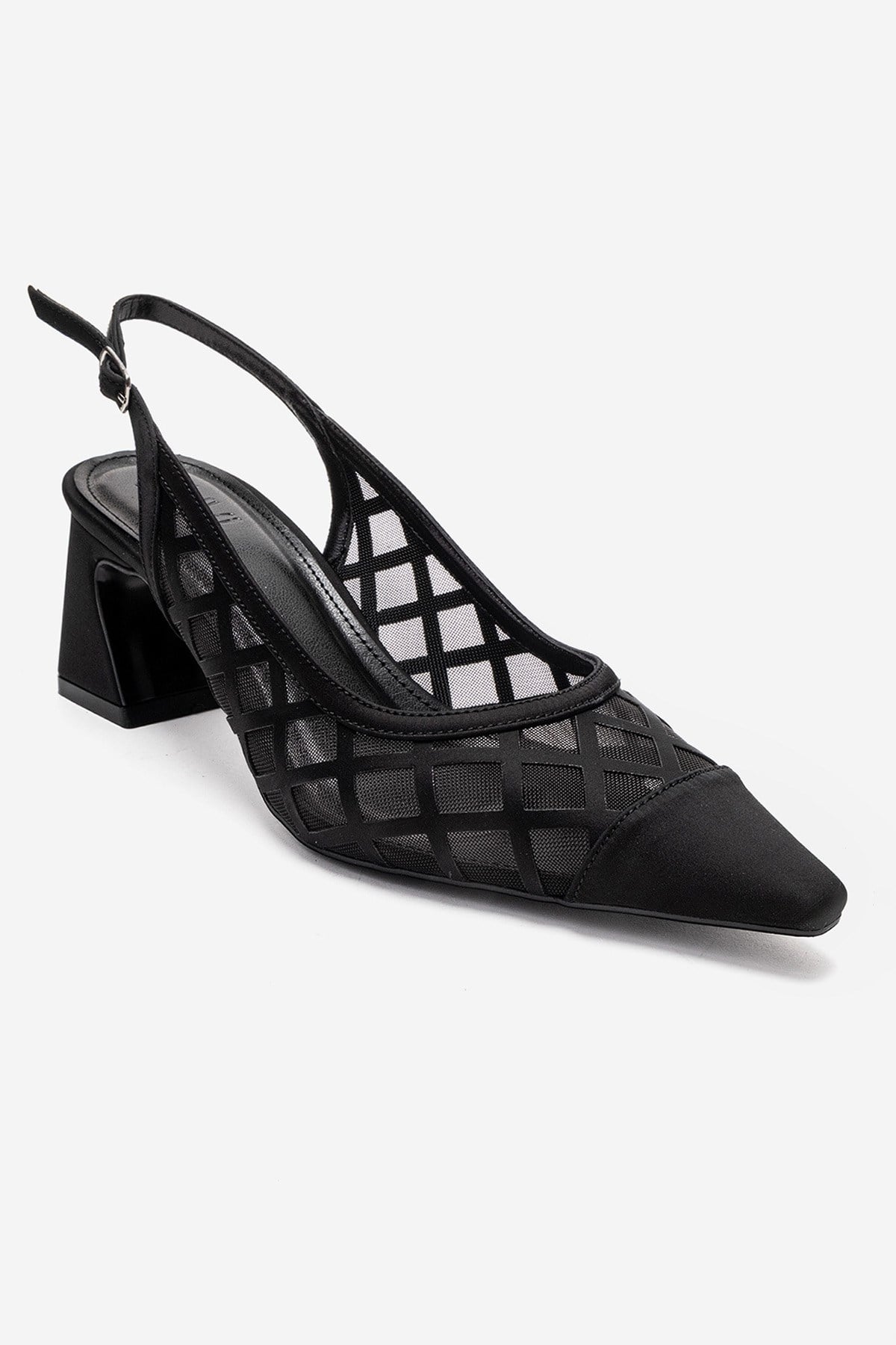 ALVERON - Black Satin Mesh Detail Block Heel Pump (Women)