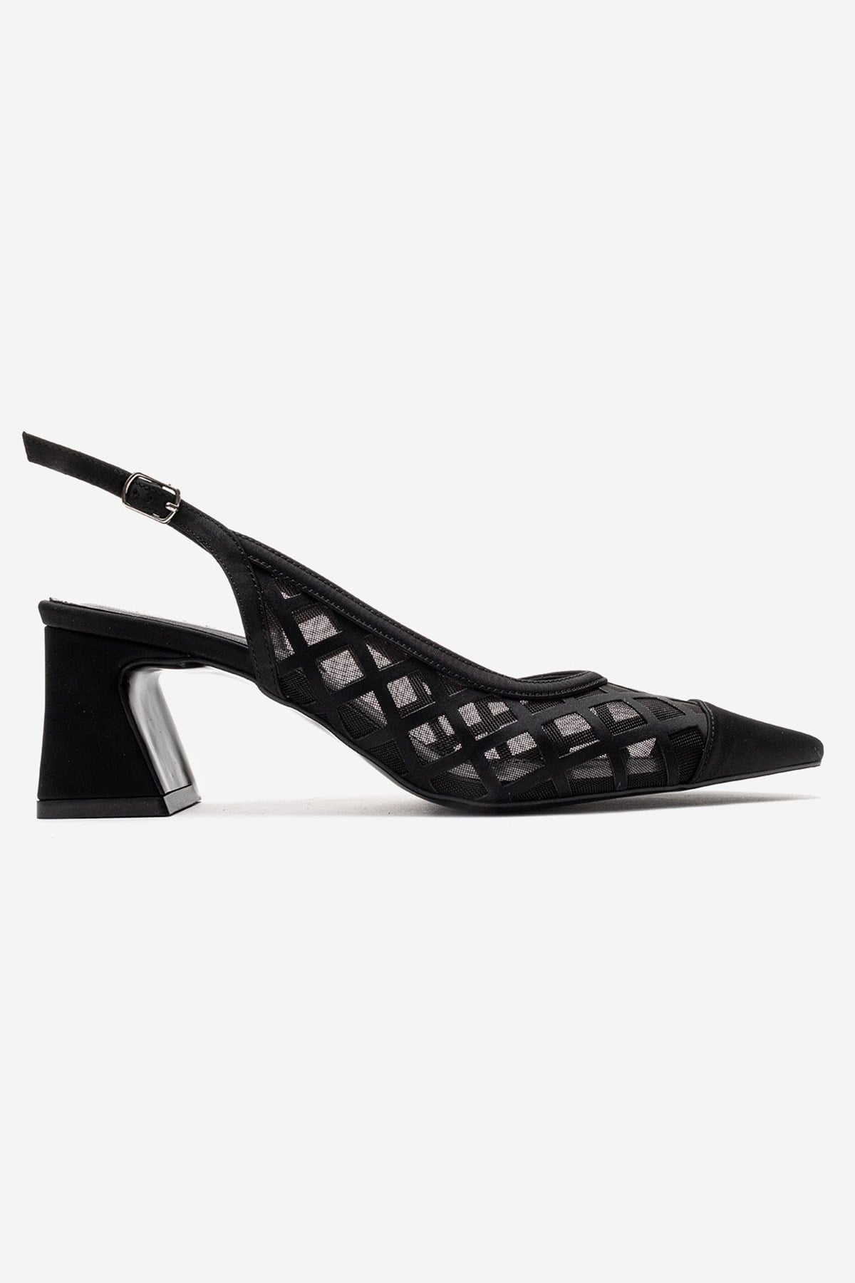 ALVERON - Black Satin Mesh Detail Block Heel Pump (Women)