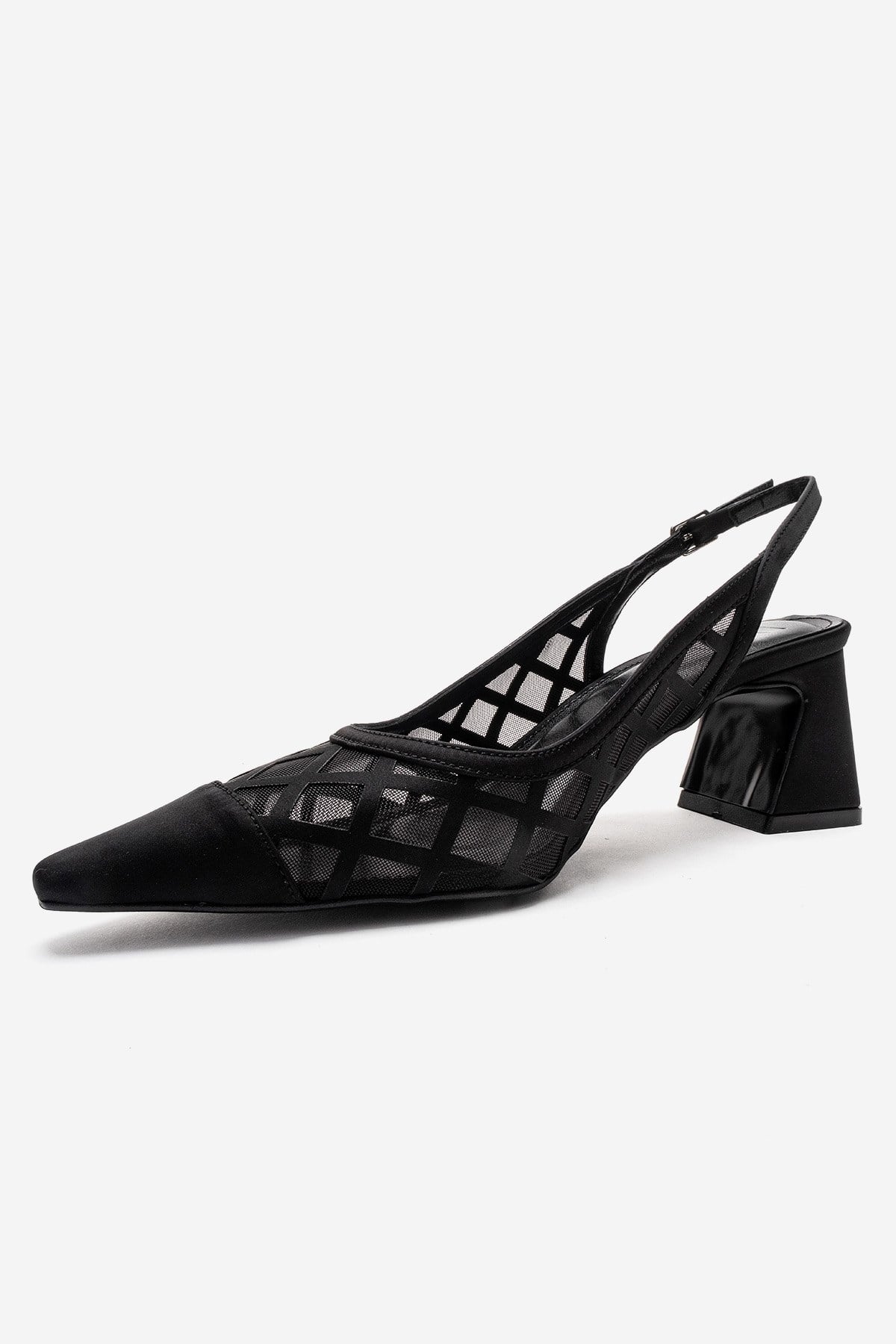 ALVERON - Black Satin Mesh Detail Block Heel Pump (Women)