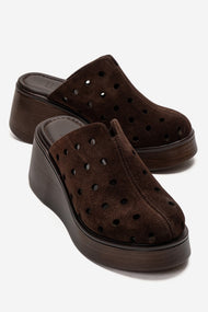 NIVES - Cognac Genuine Suede Leather Perforated Wedge Slide (Women)