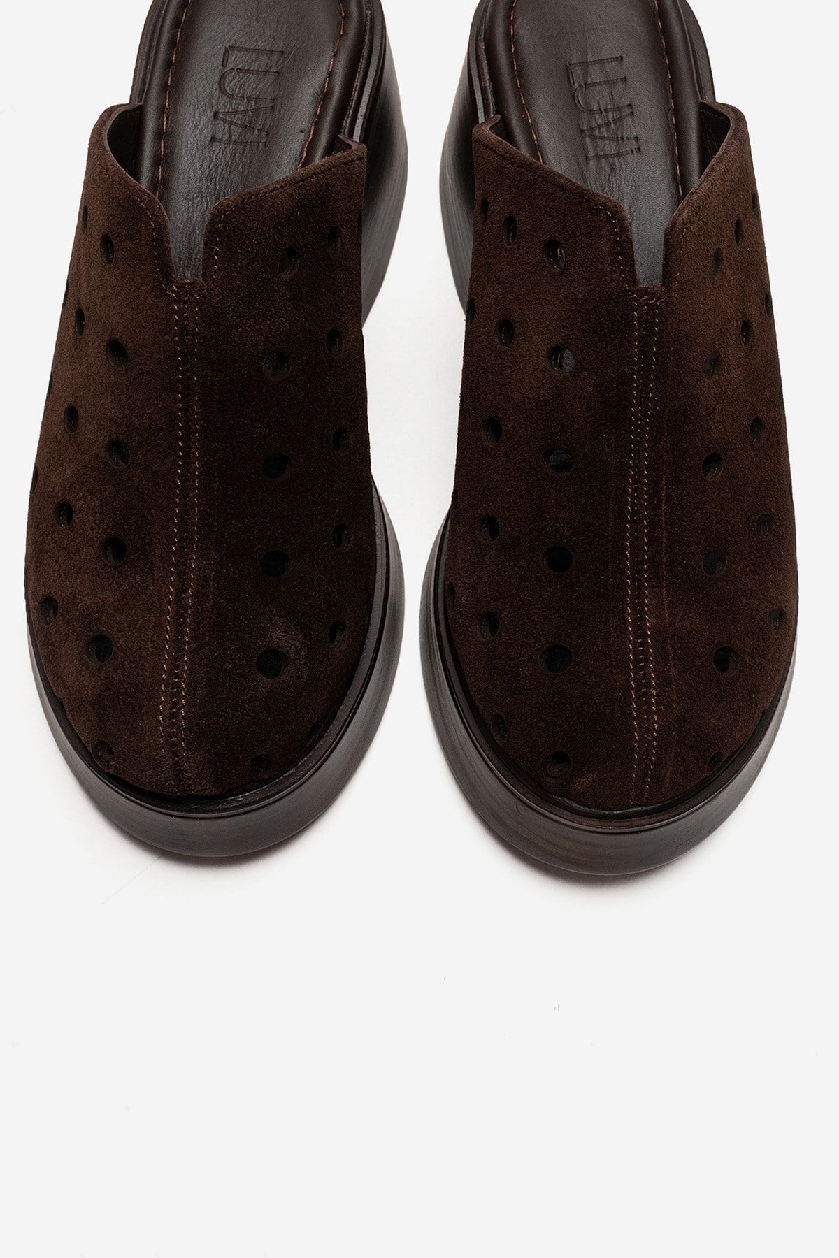 NIVES - Cognac Genuine Suede Leather Perforated Wedge Slide (Women)