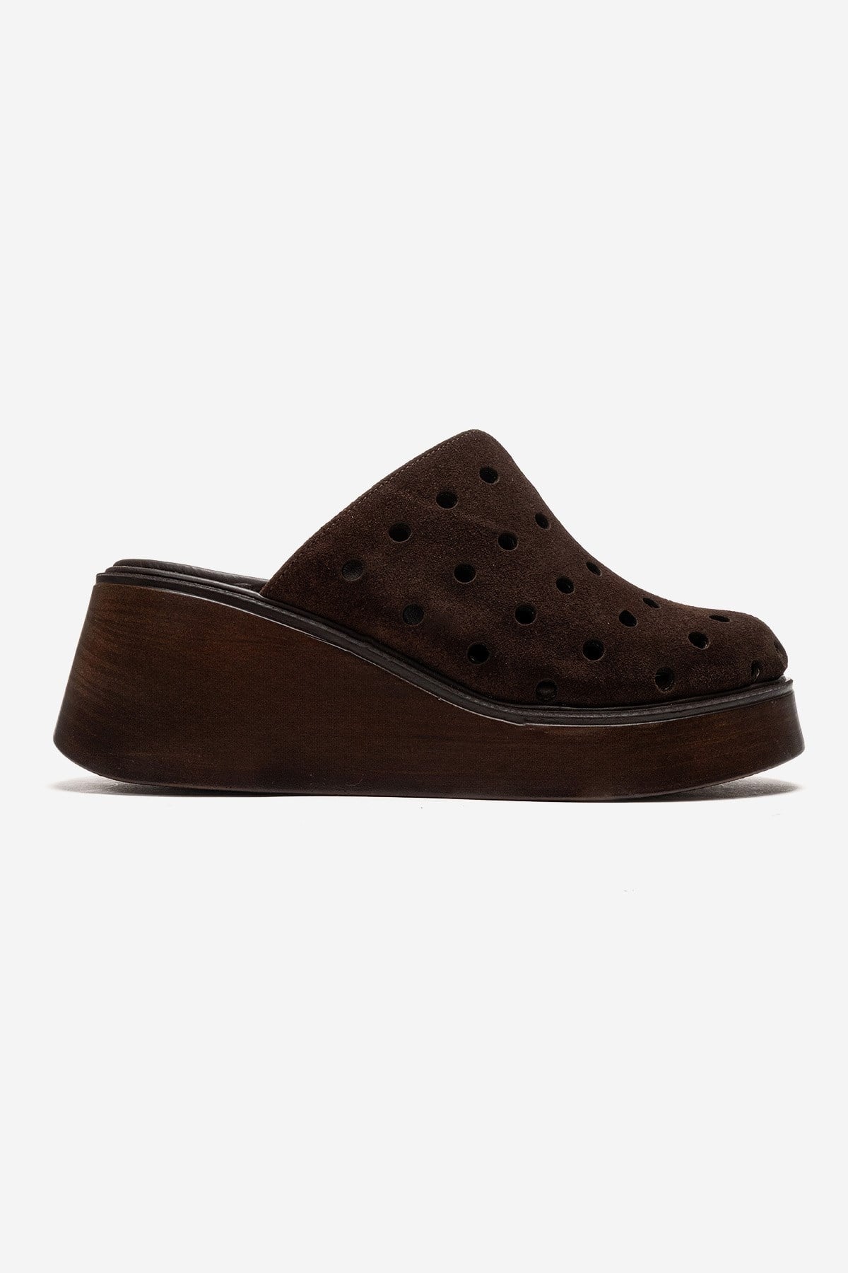 NIVES - Cognac Genuine Suede Leather Perforated Wedge Slide (Women)