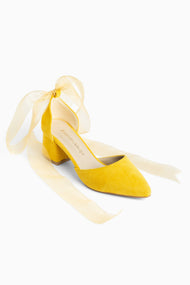 Fiona - Yellow Suede Heels With Tulle Ribbon