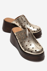 NIVES - Gold Genuine Leather Wedge Sandal (Women)