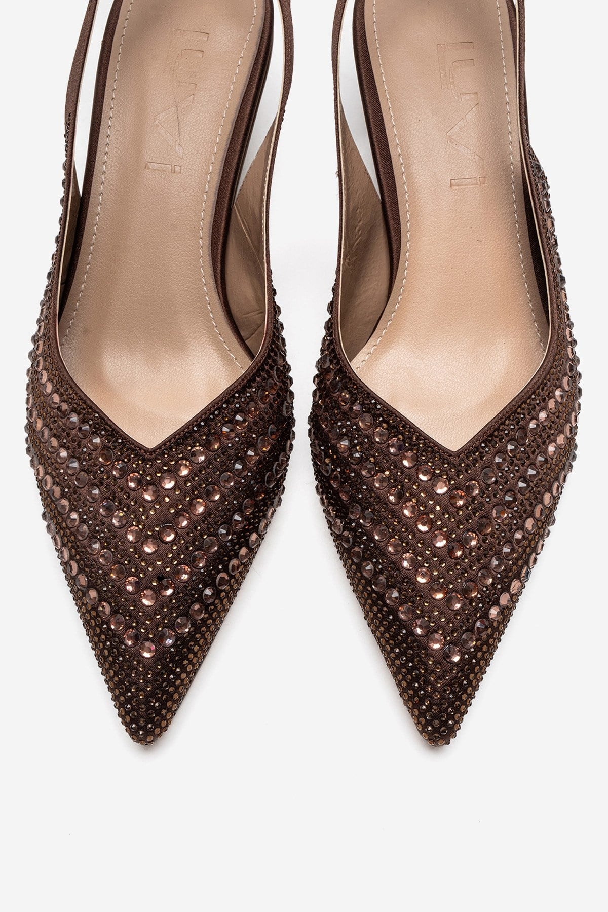 ROYALE - Brown Satin Stone-Embellished Kitten Heel Evening Shoe (Women)