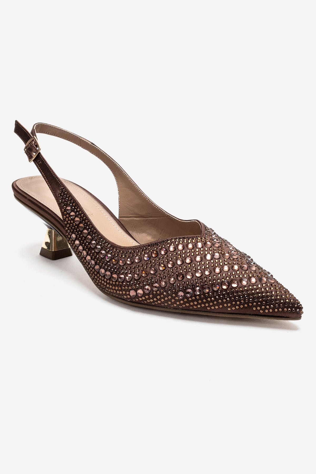 ROYALE - Brown Satin Stone-Embellished Kitten Heel Evening Shoe (Women)