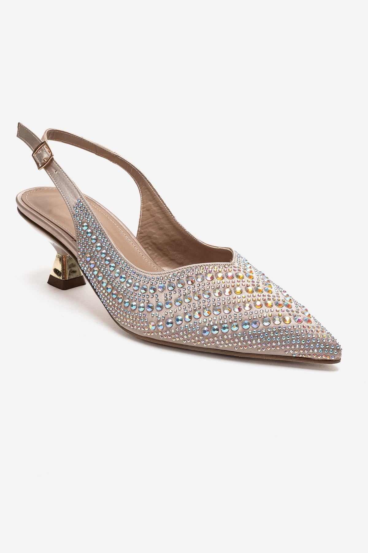 ROYALE - Beige Satin Stone-Embellished Kitten Heel Evening Shoe (Women)