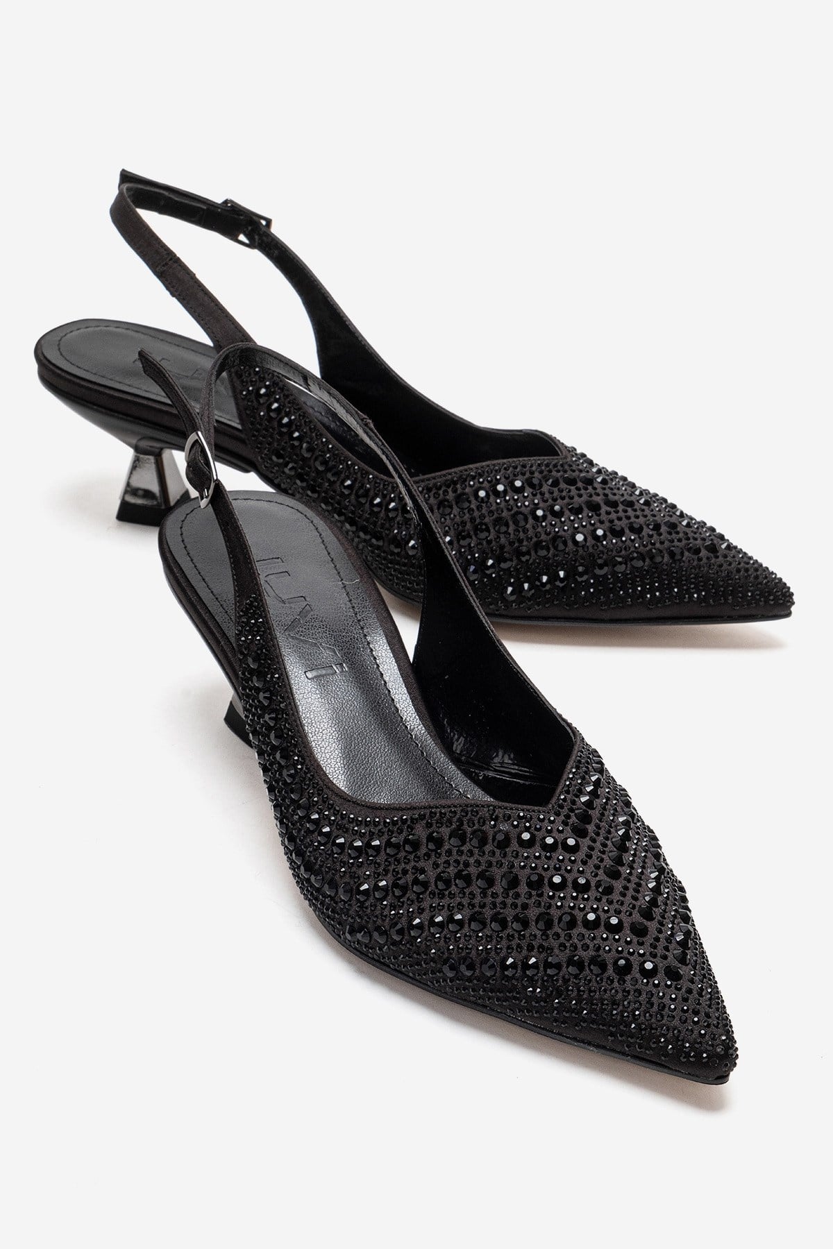 ROYALE - Black Satin Stone-Embellished Kitten Heel Evening Shoe (Women)