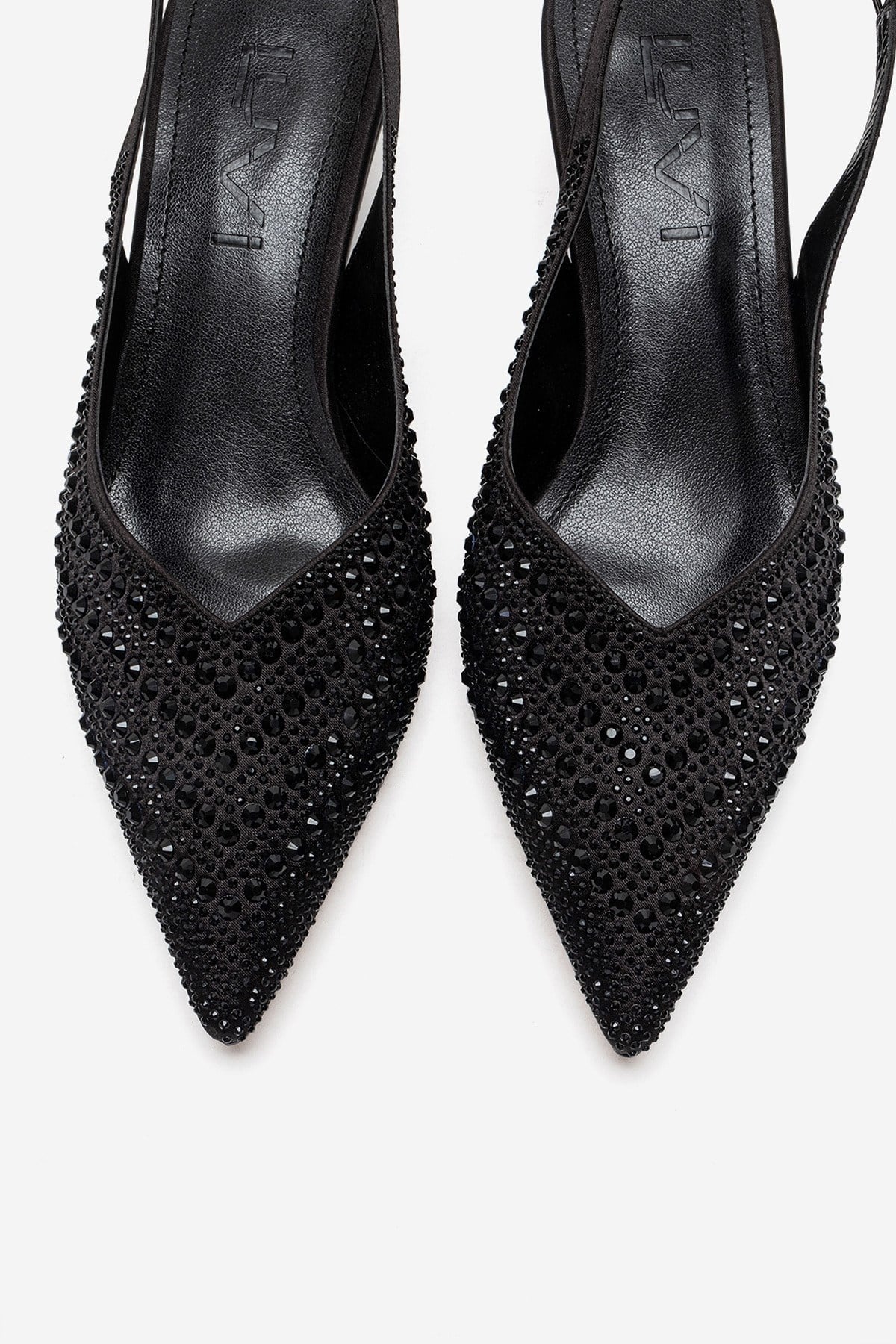 ROYALE - Black Satin Stone-Embellished Kitten Heel Evening Shoe (Women)