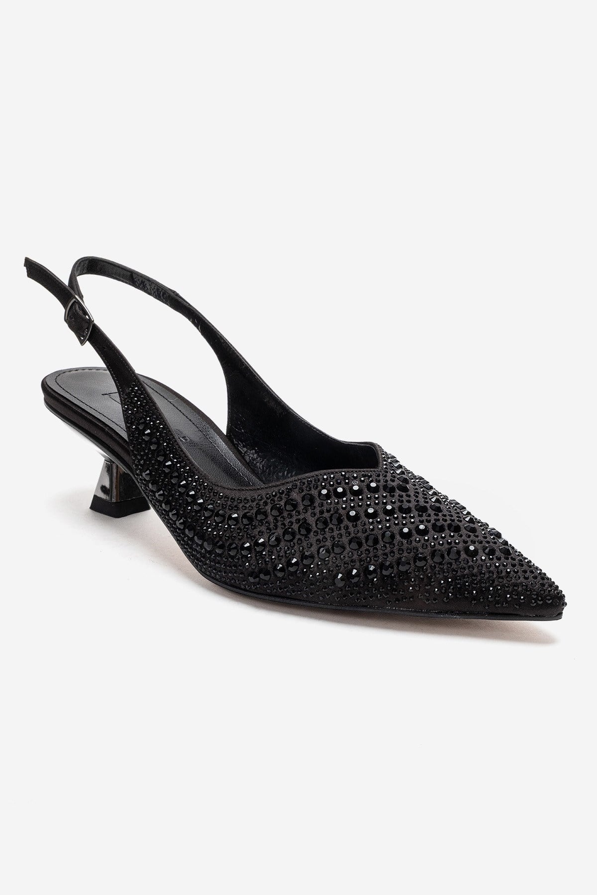 ROYALE - Black Satin Stone-Embellished Kitten Heel Evening Shoe (Women)