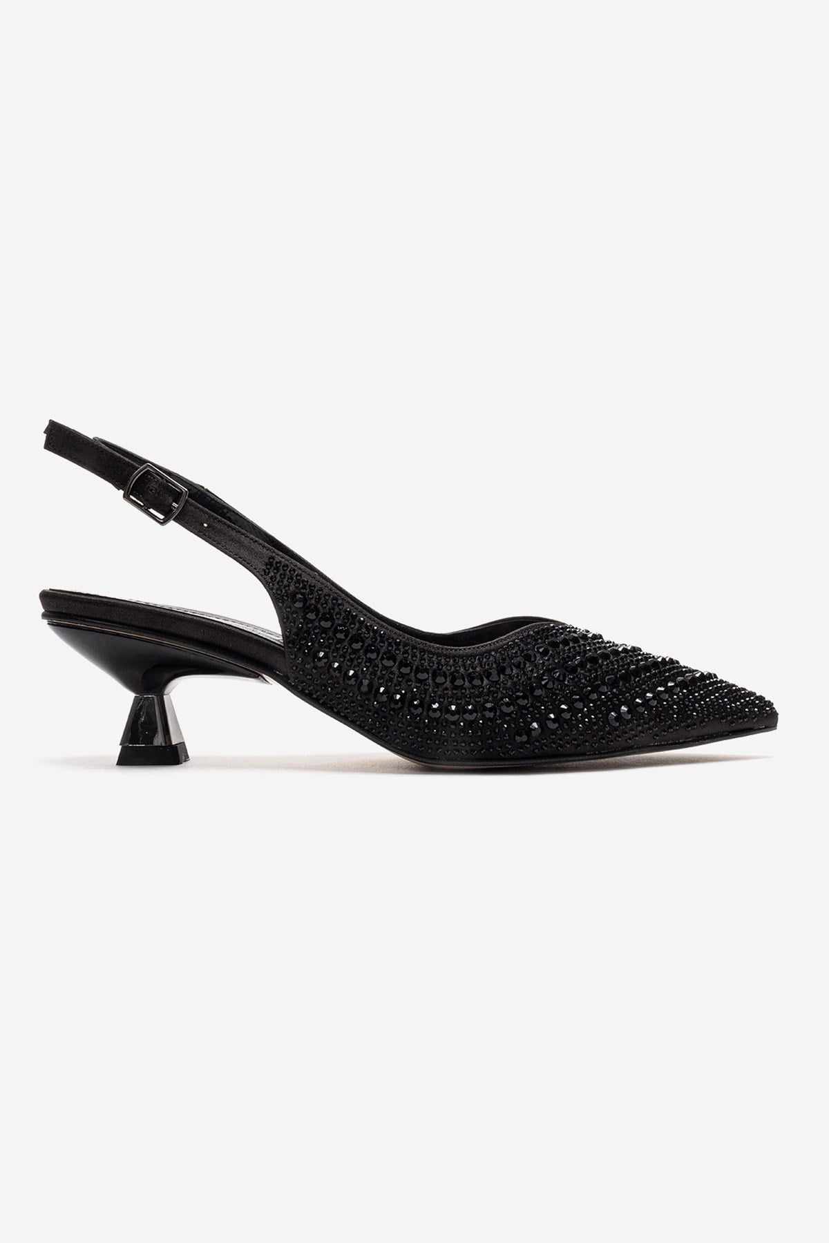 ROYALE - Black Satin Stone-Embellished Kitten Heel Evening Shoe (Women)