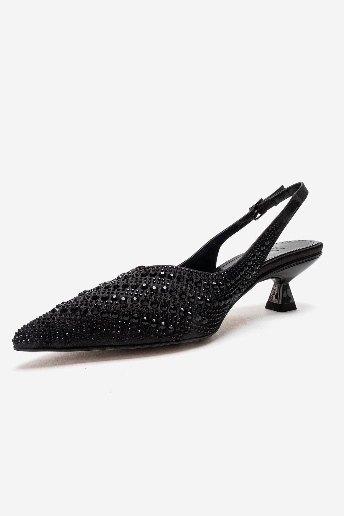 ROYALE - Black Satin Stone-Embellished Kitten Heel Evening Shoe (Women)