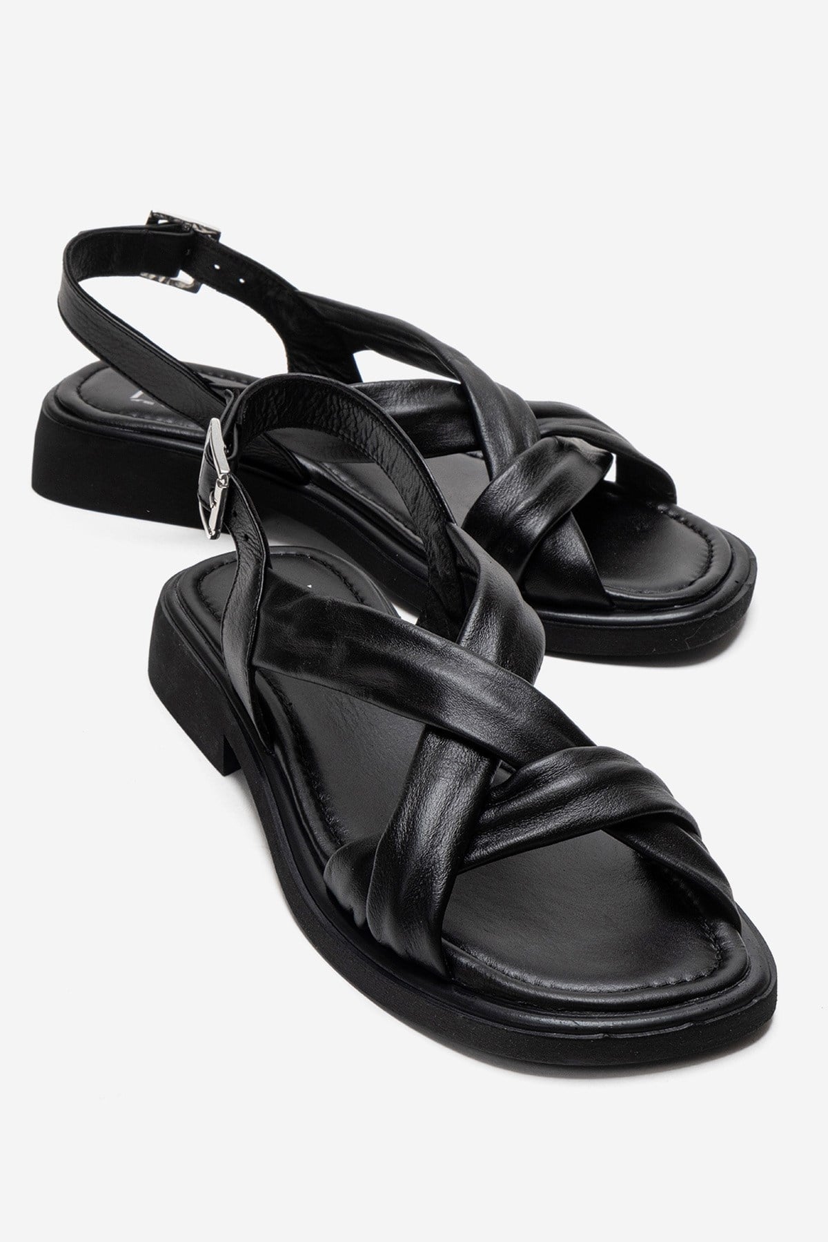 FRAND - Black Genuine Leather Crisscross Strap Sandal (Women)