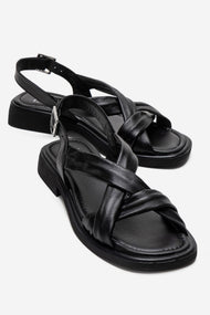 FRAND - Black Genuine Leather Crisscross Strap Sandal (Women)