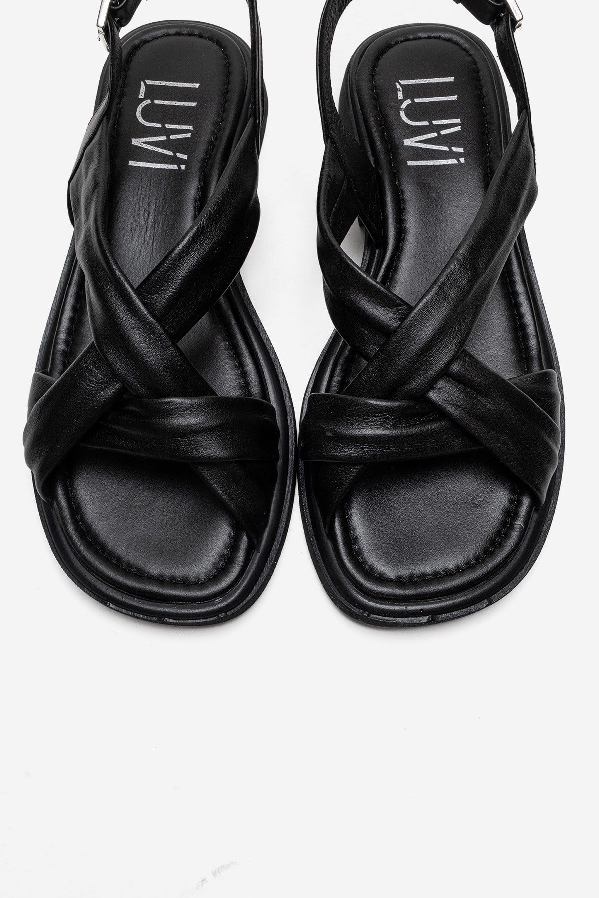 FRAND - Black Genuine Leather Crisscross Strap Sandal (Women)
