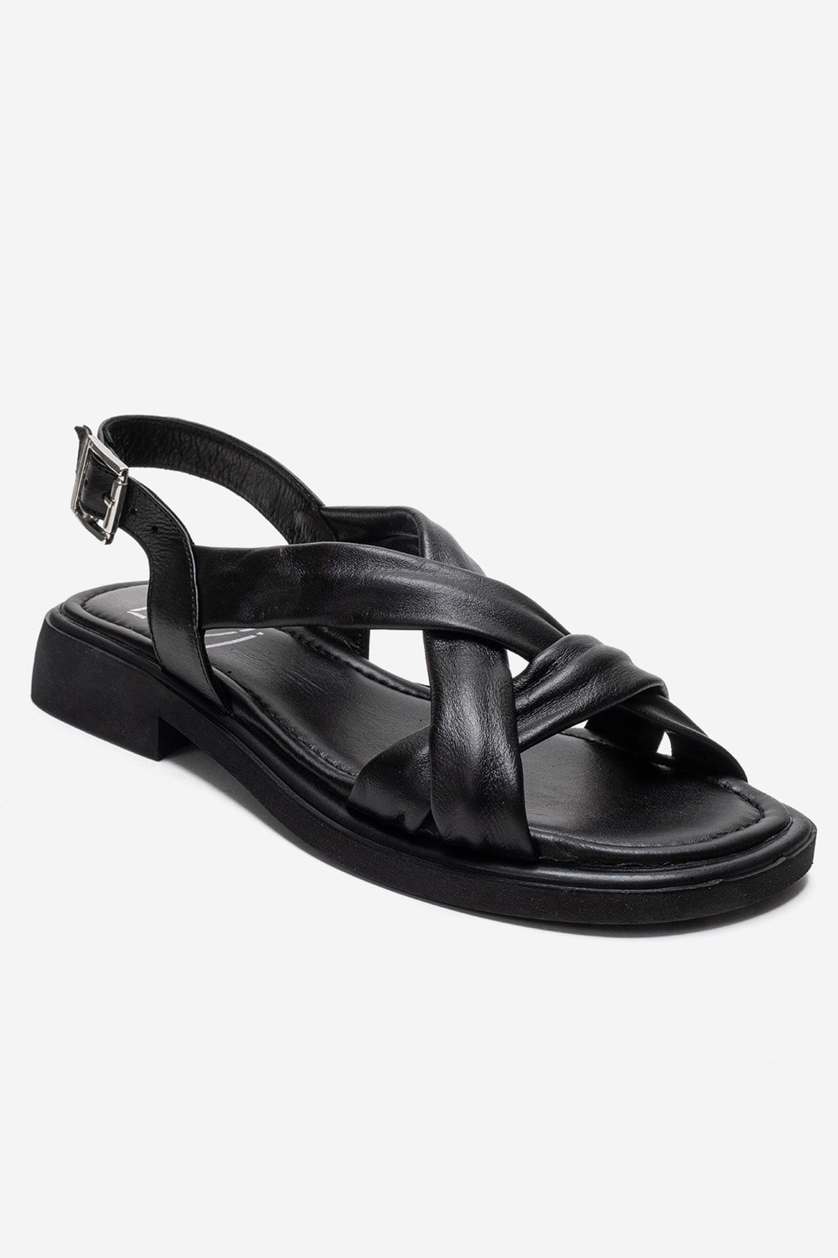 FRAND - Black Genuine Leather Crisscross Strap Sandal (Women)