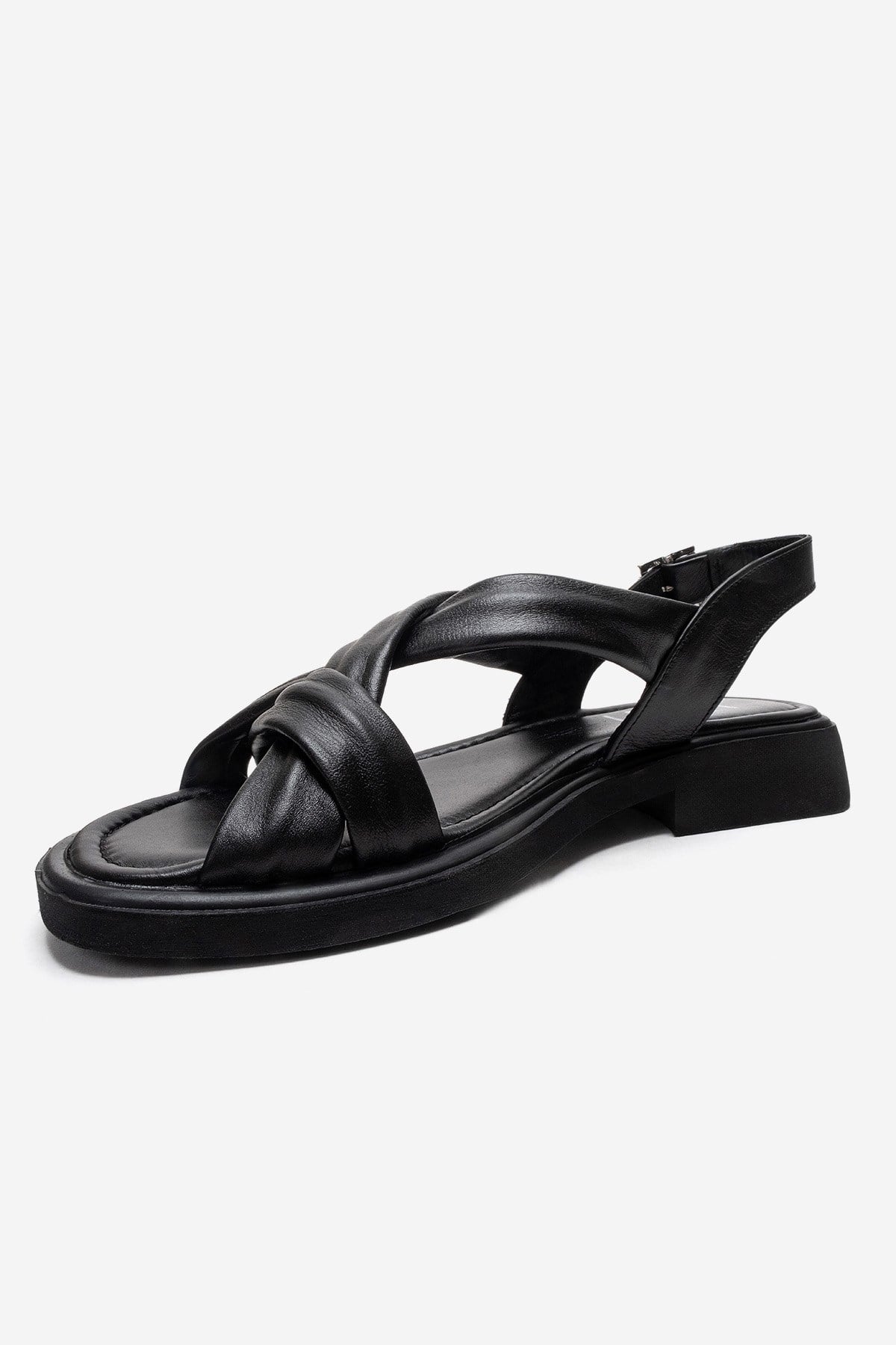 FRAND - Black Genuine Leather Crisscross Strap Sandal (Women)