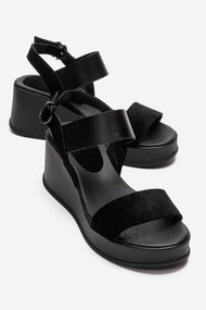LOLANTHE - Black Genuine Leather Wedge Heel Sandal (Women)