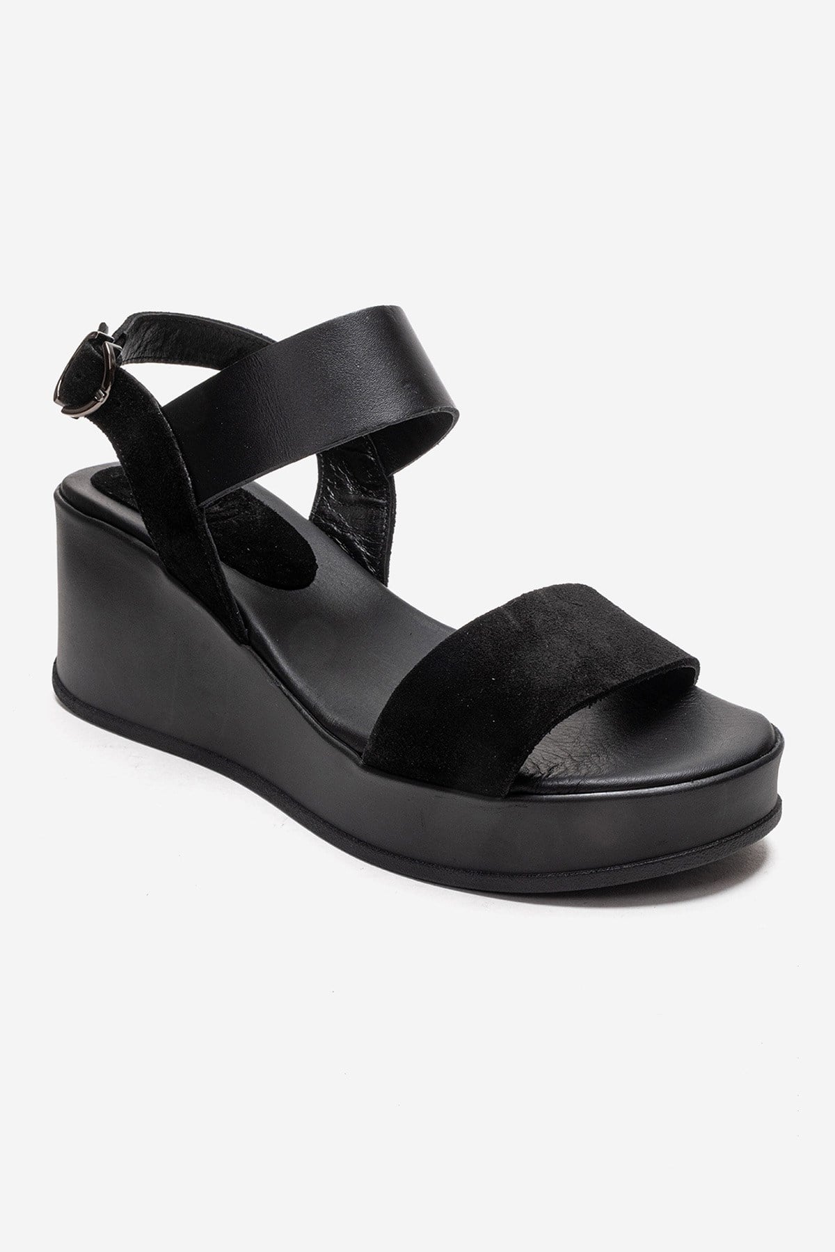 LOLANTHE - Black Genuine Leather Wedge Heel Sandal (Women)