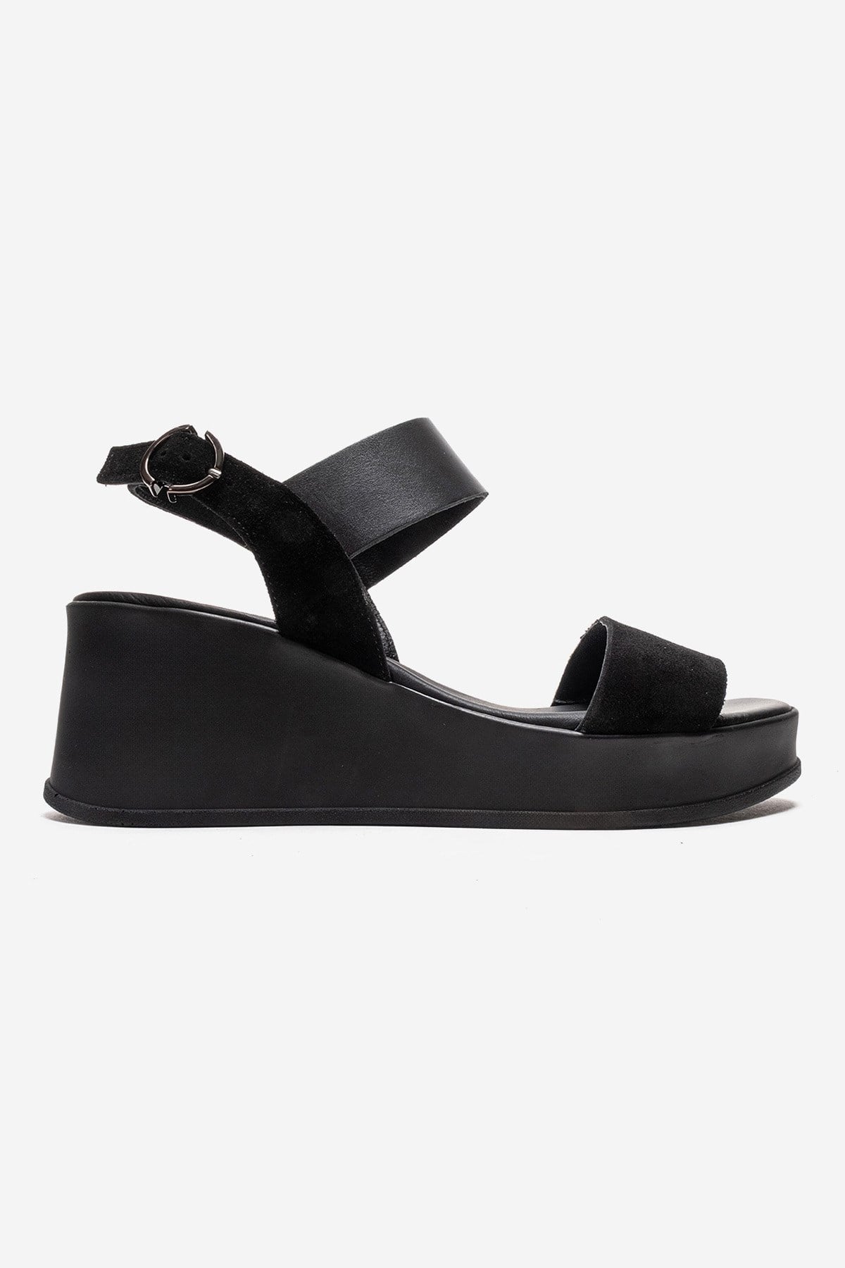 LOLANTHE - Black Genuine Leather Wedge Heel Sandal (Women)