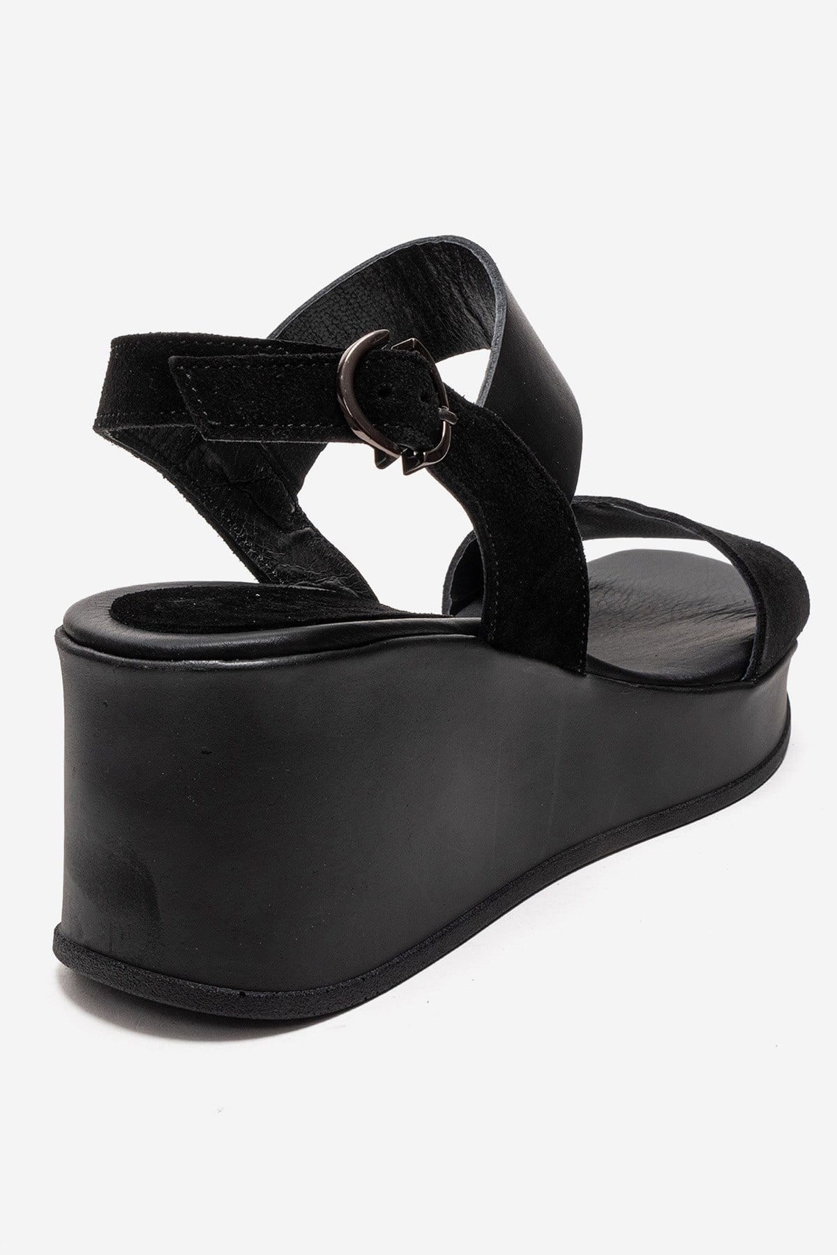 LOLANTHE - Black Genuine Leather Wedge Heel Sandal (Women)