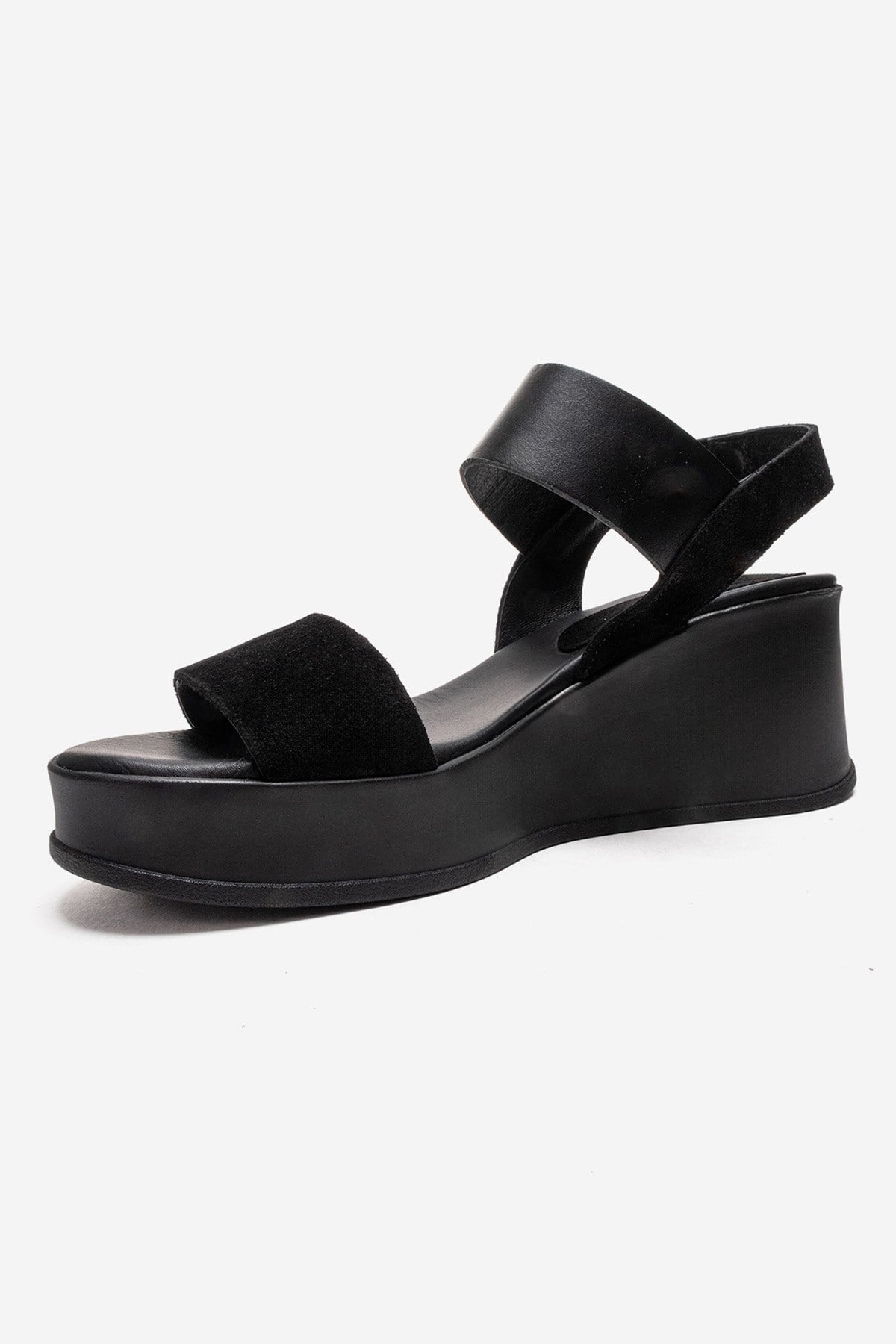 LOLANTHE - Black Genuine Leather Wedge Heel Sandal (Women)