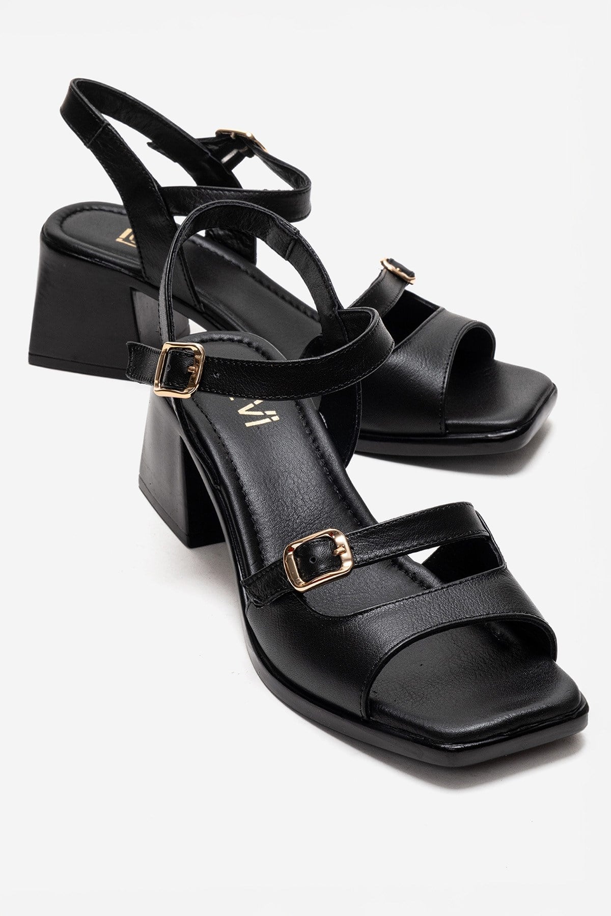 YOLEN - Black Genuine Leather Block Heel Sandal (Women)