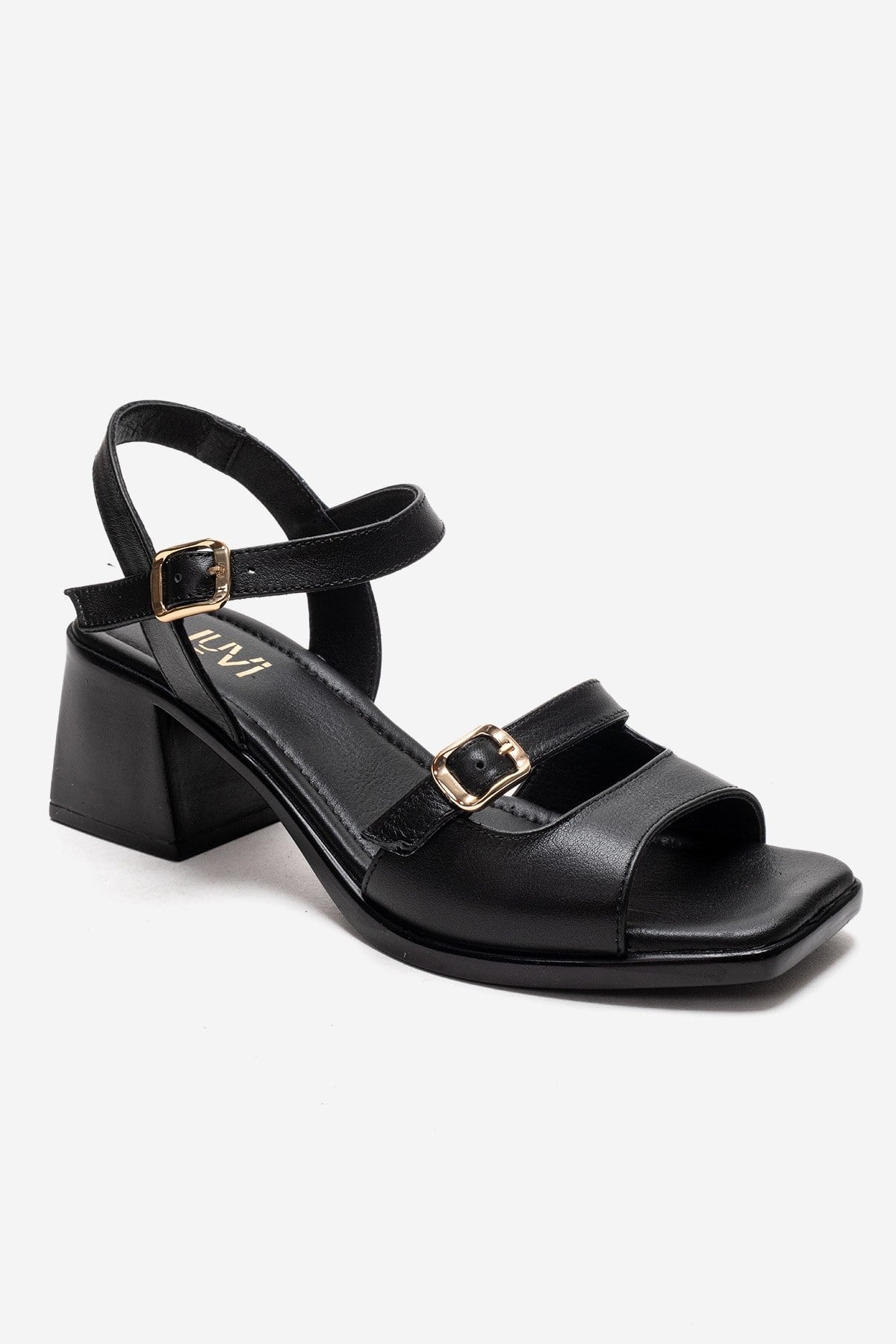 YOLEN - Black Genuine Leather Block Heel Sandal (Women)