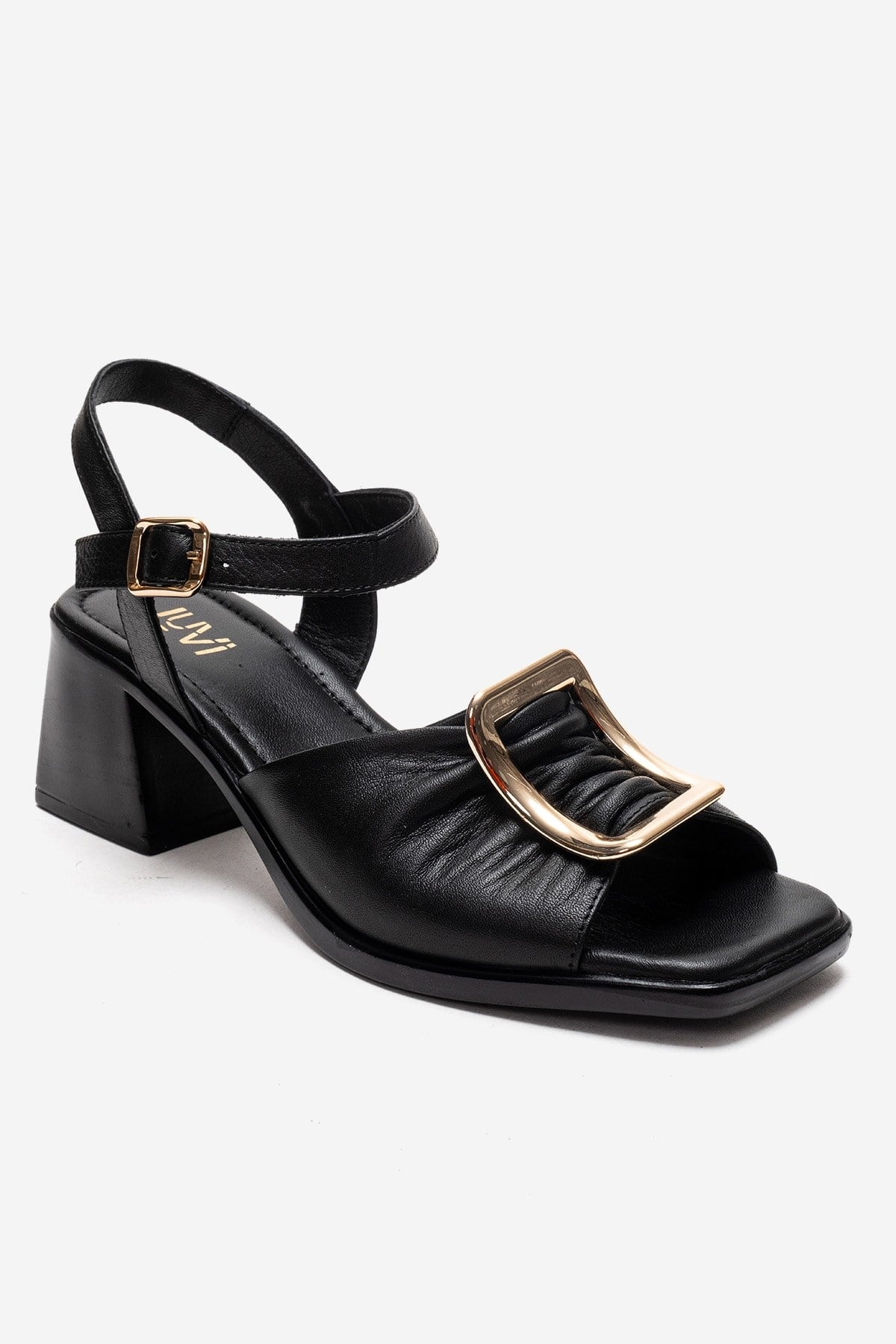 ASHA - Black Genuine Leather Block Heel Sandal (Women)