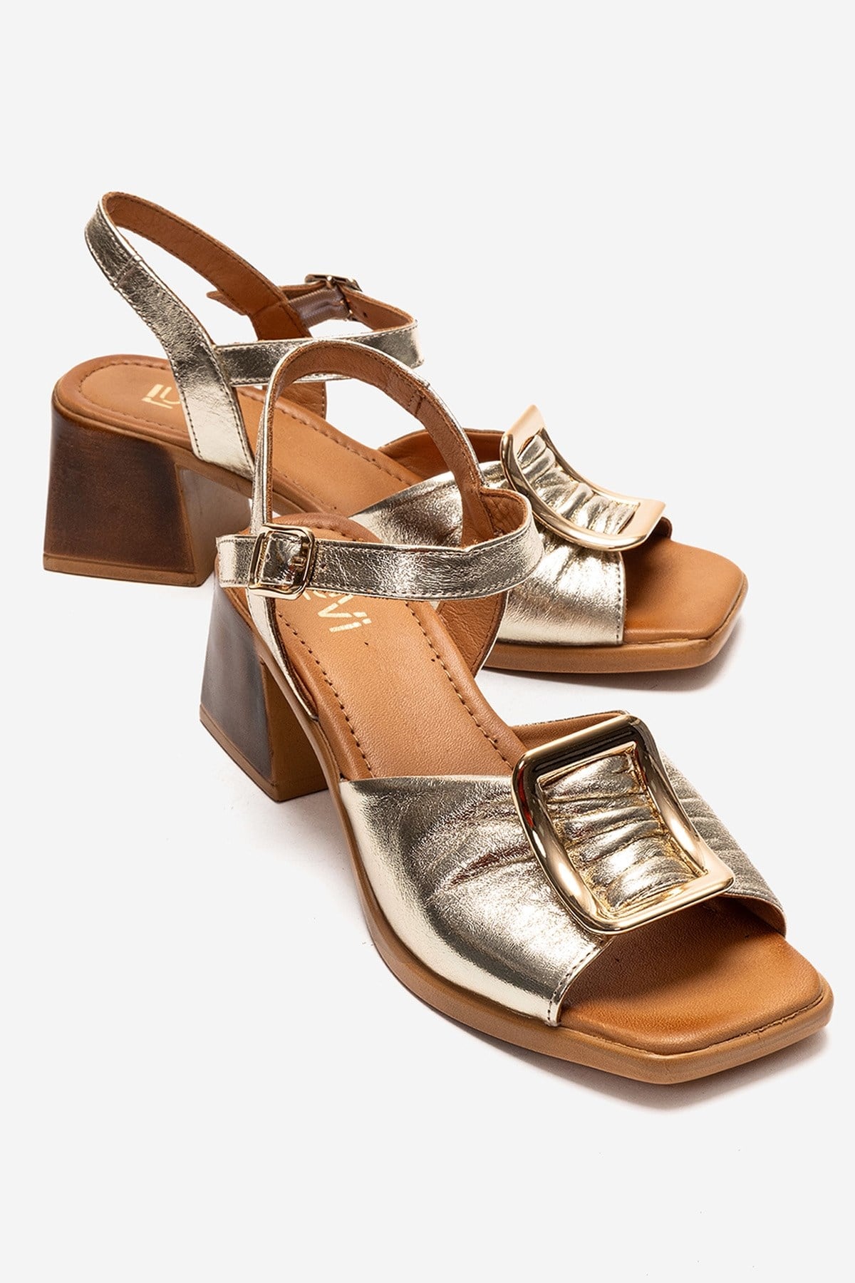 ASHA - Gold Genuine Leather Block Heel Sandal (Women)