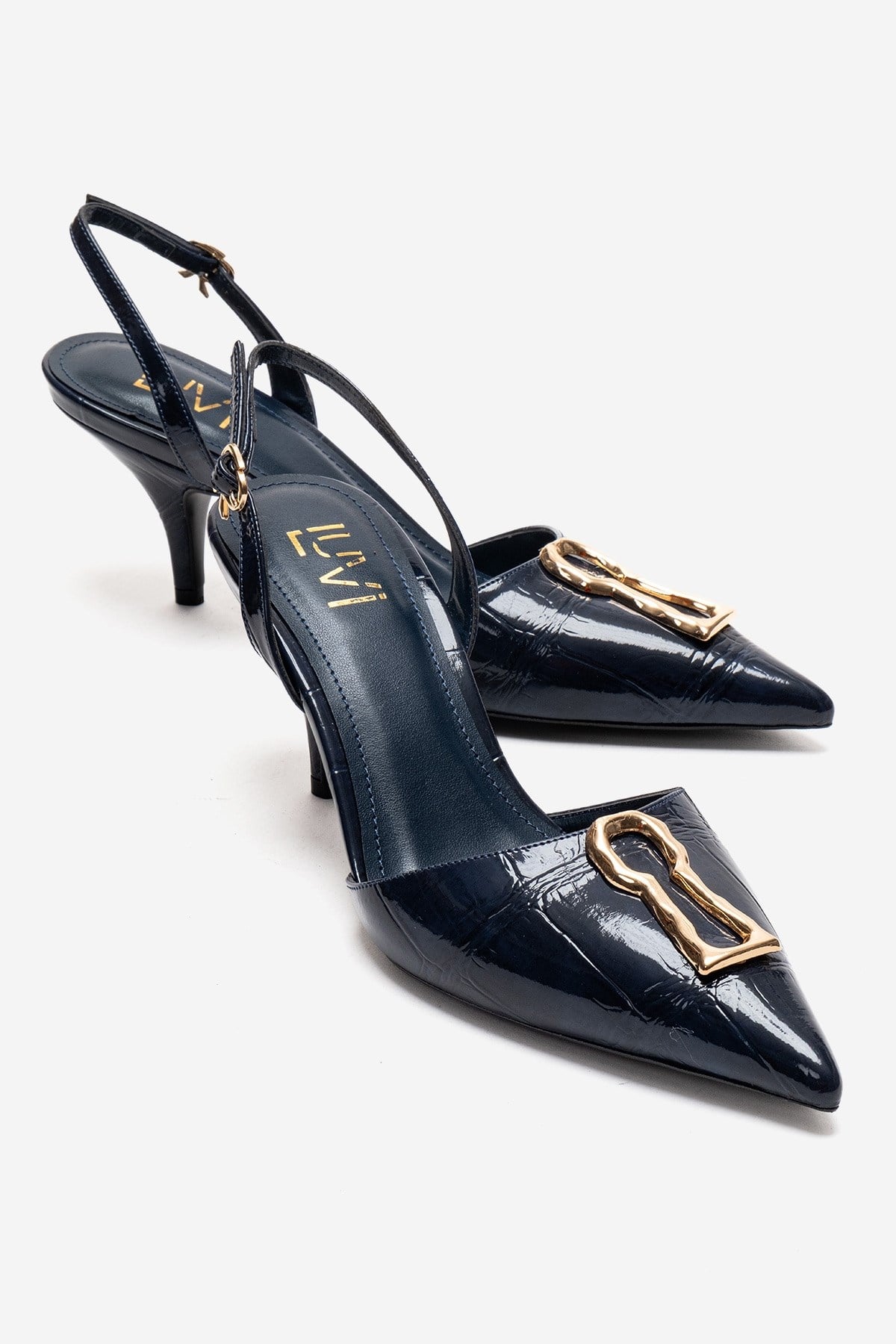 Yvella - Navy Patent Buckle Pointed Toe Stiletto Pump (Women)
