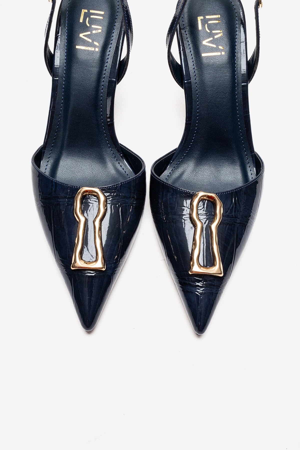 Yvella - Navy Patent Buckle Pointed Toe Stiletto Pump (Women)