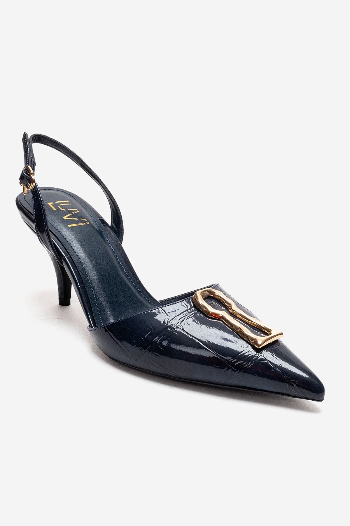 Yvella - Navy Patent Buckle Pointed Toe Stiletto Pump (Women)
