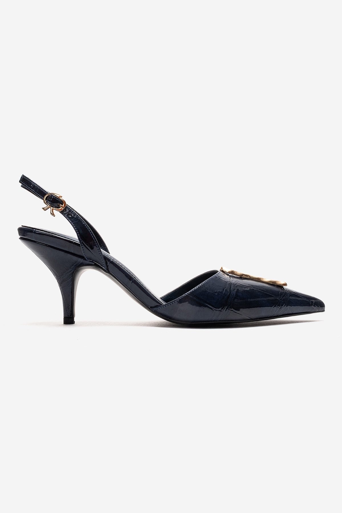 Yvella - Navy Patent Buckle Pointed Toe Stiletto Pump (Women)