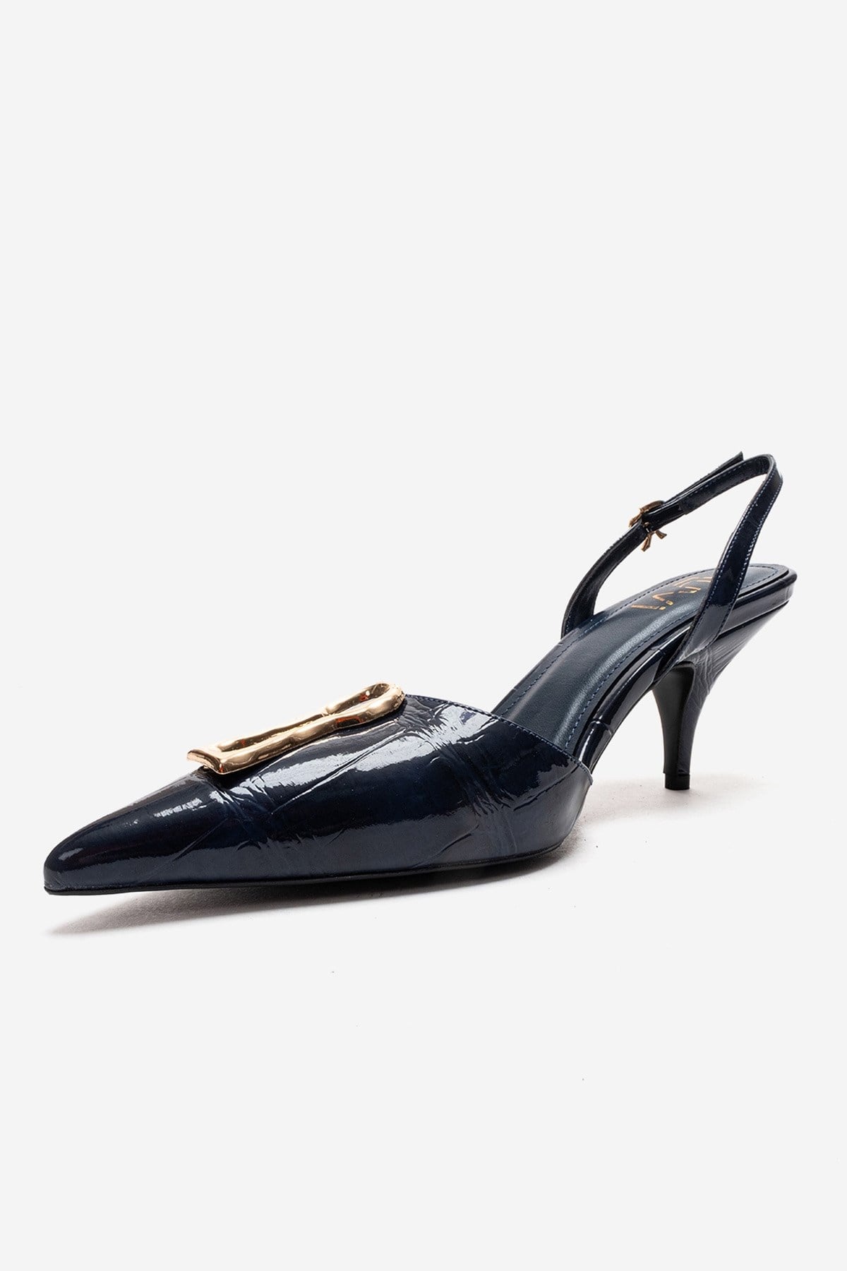 Yvella - Navy Patent Buckle Pointed Toe Stiletto Pump (Women)