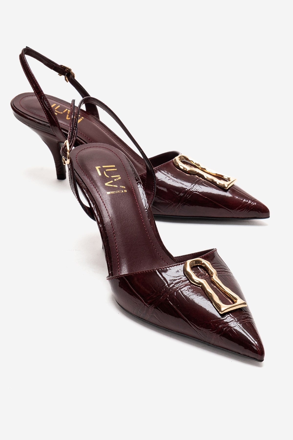 Yvella - Burgundy Patent Buckle Pointed Toe Stiletto Pump (Women)