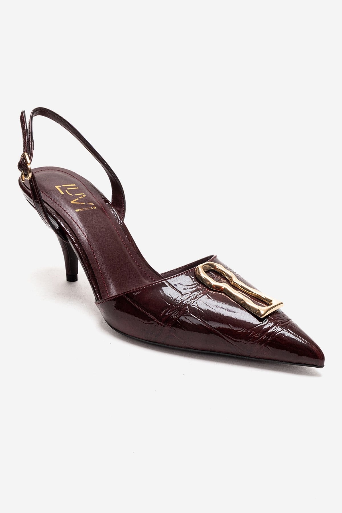 Yvella - Burgundy Patent Buckle Pointed Toe Stiletto Pump (Women)