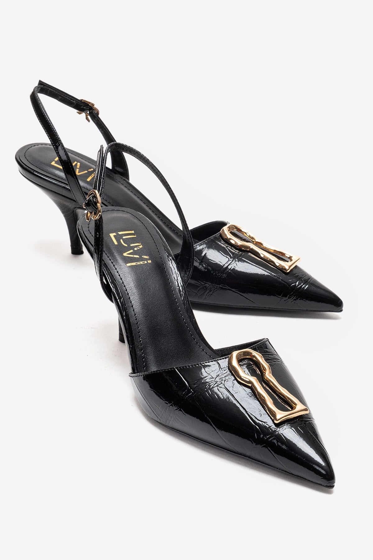 Yvella - Black Patent Buckle Pointed Toe Stiletto Pump (Women)