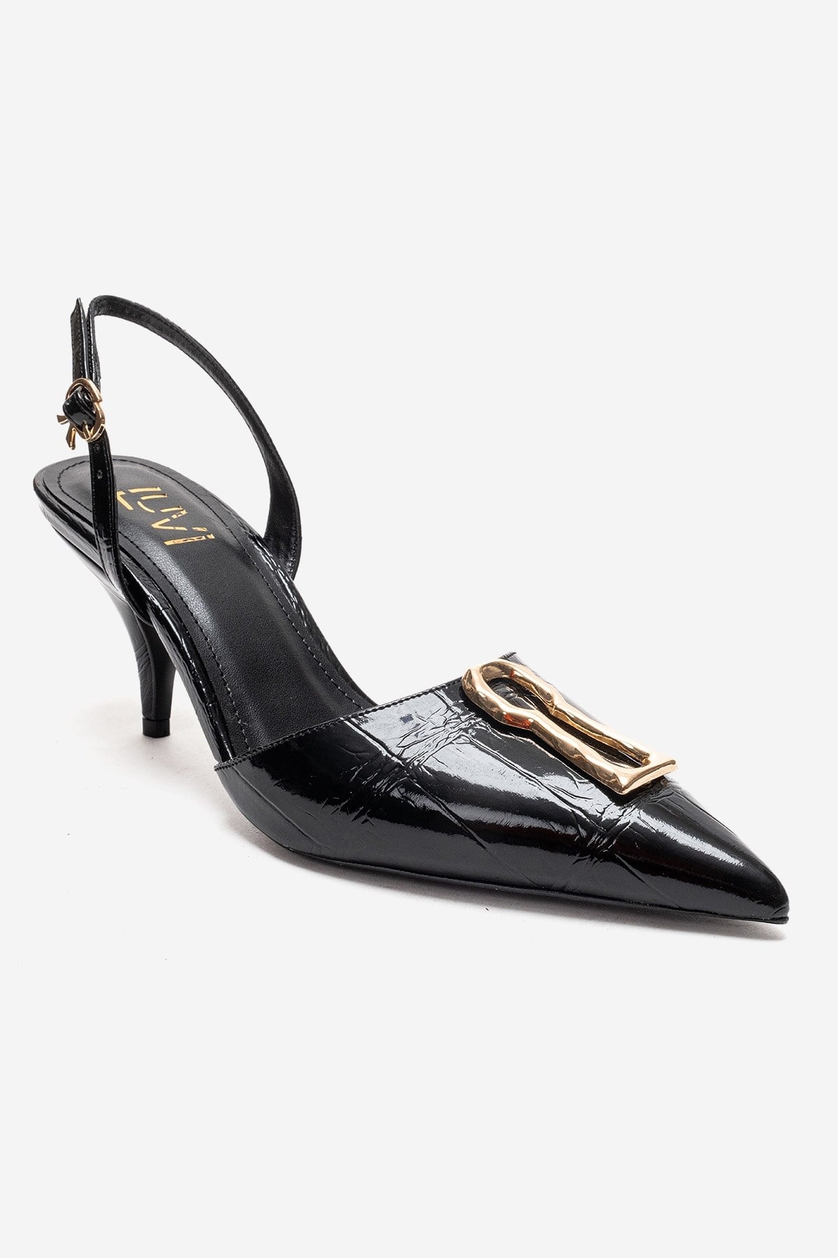 Yvella - Black Patent Buckle Pointed Toe Stiletto Pump (Women)