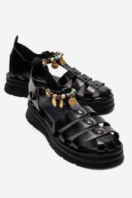 SOLIS - Black Genuine Leather Beaded Sandal (Women)