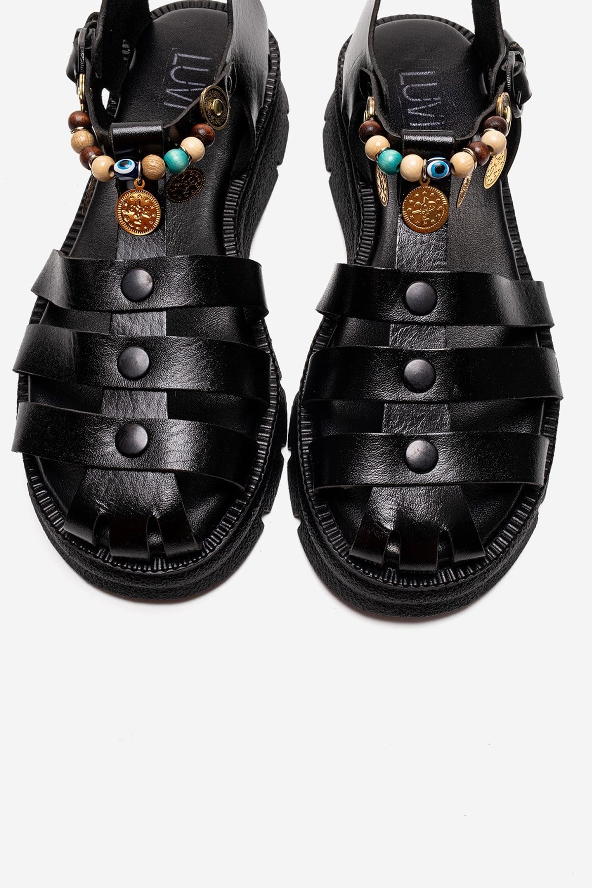 SOLIS - Black Genuine Leather Beaded Sandal (Women)