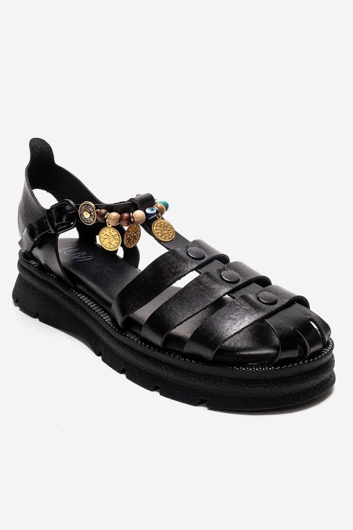SOLIS - Black Genuine Leather Beaded Sandal (Women)