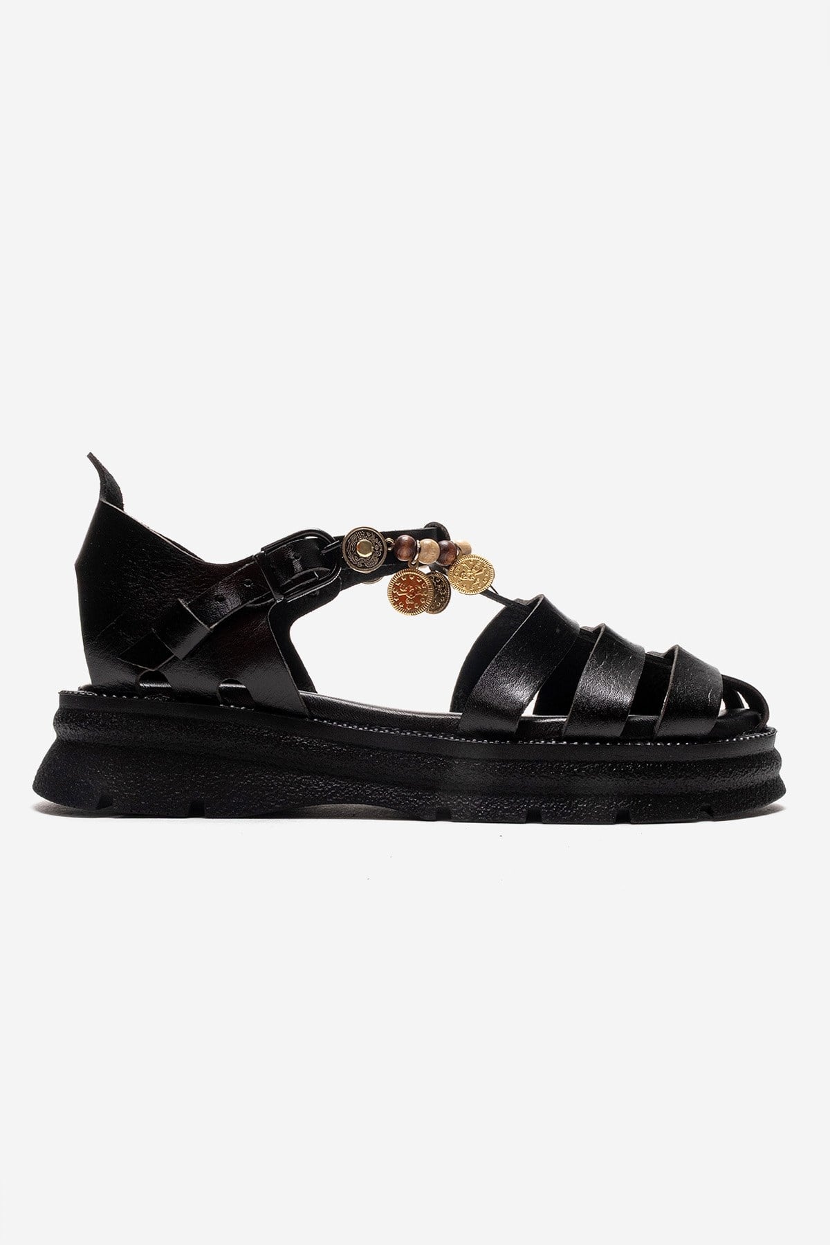 SOLIS - Black Genuine Leather Beaded Sandal (Women)
