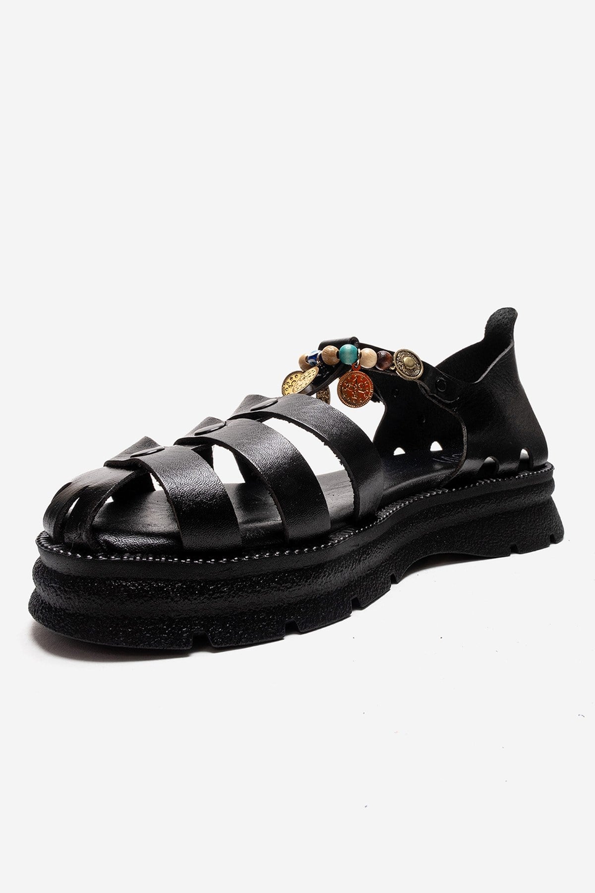 SOLIS - Black Genuine Leather Beaded Sandal (Women)